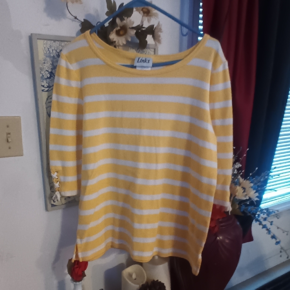 Yellow and White Striped 3/4 Sleeve Crew Neck Blouse
